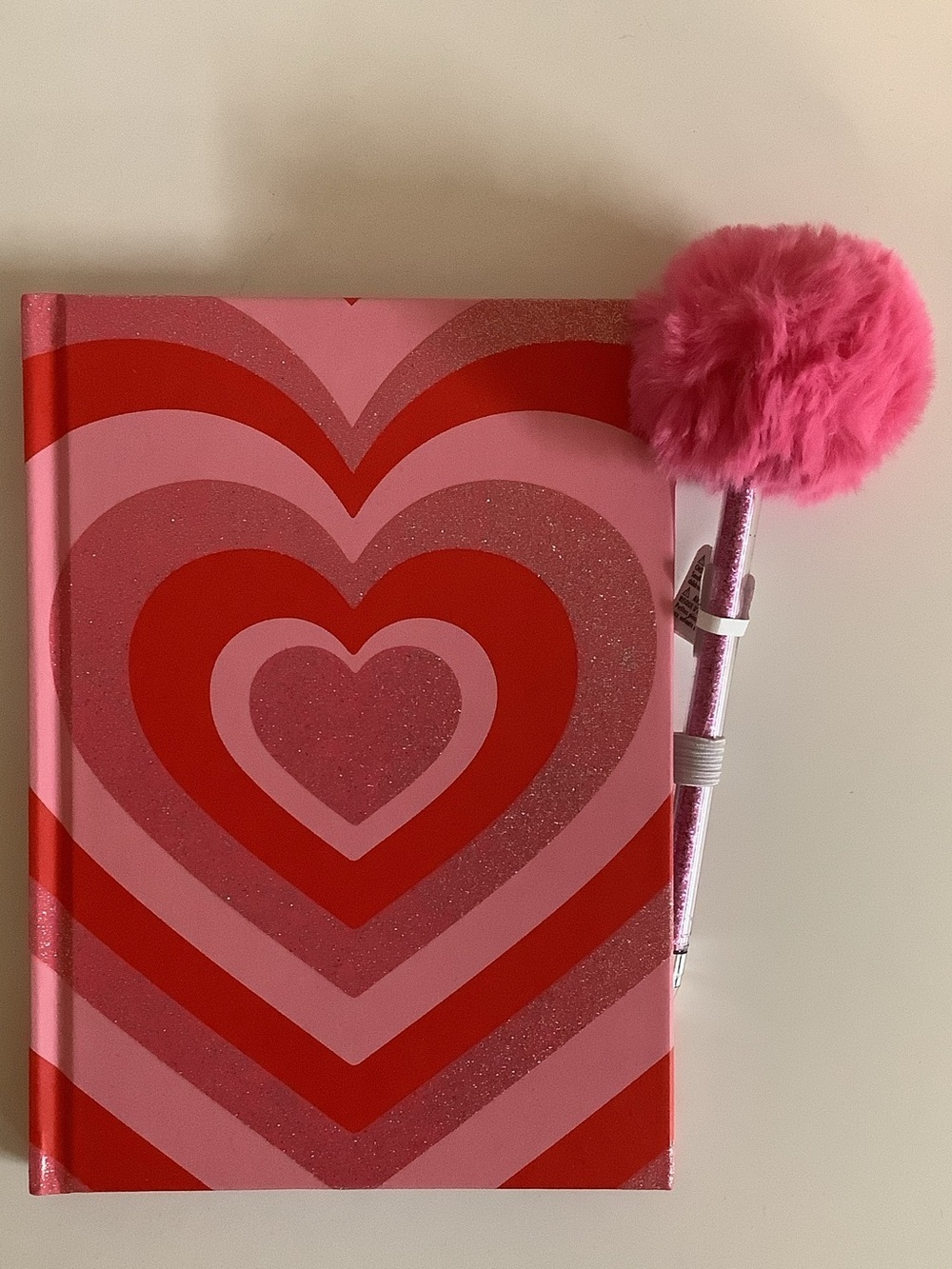 Claire’s Pink & Red Heart Hardcover Journal with Fluffy Pom Pom Pen